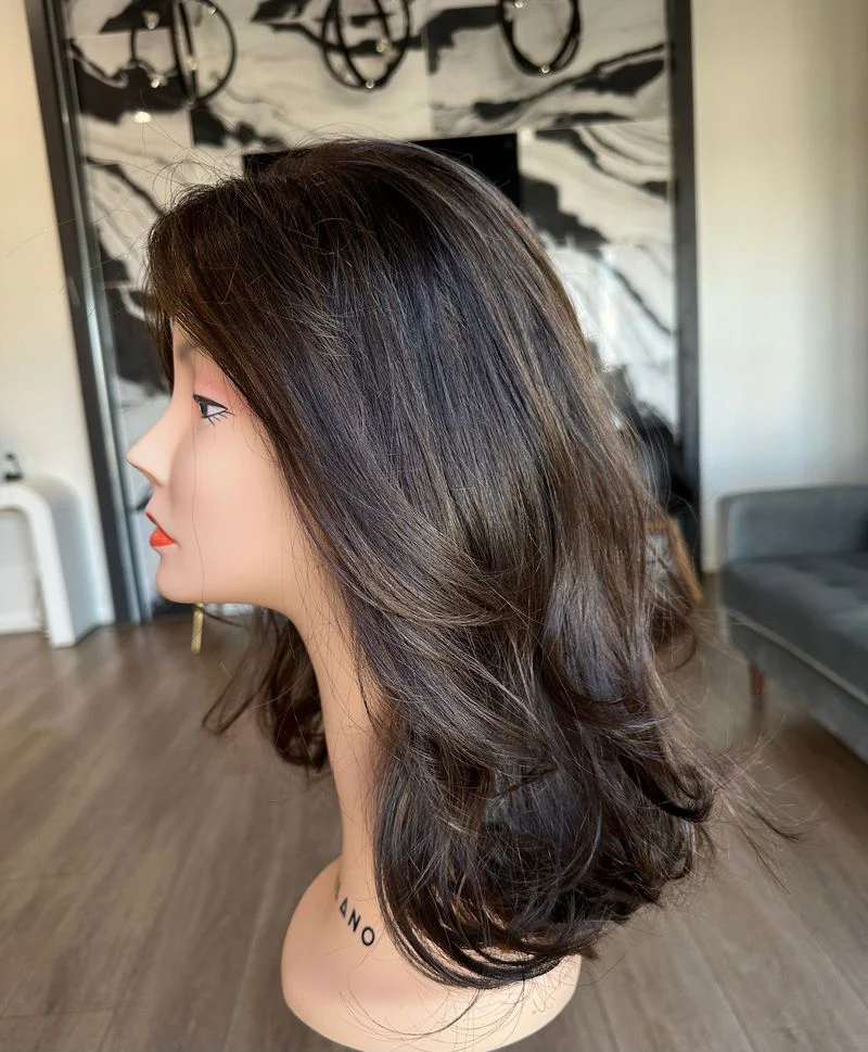 16" Divine Luxe Lace Top Wig #4 Dark Brown w/ Caramel Highlights & Face Framing - Image 5