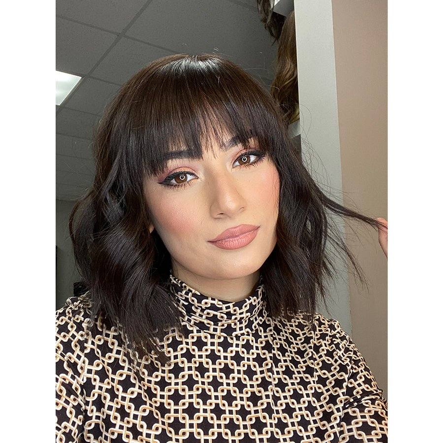 16" Luxe Silk Top Wig #4 Dark Brown Wavy w/ Wispy Bangs - Image 2