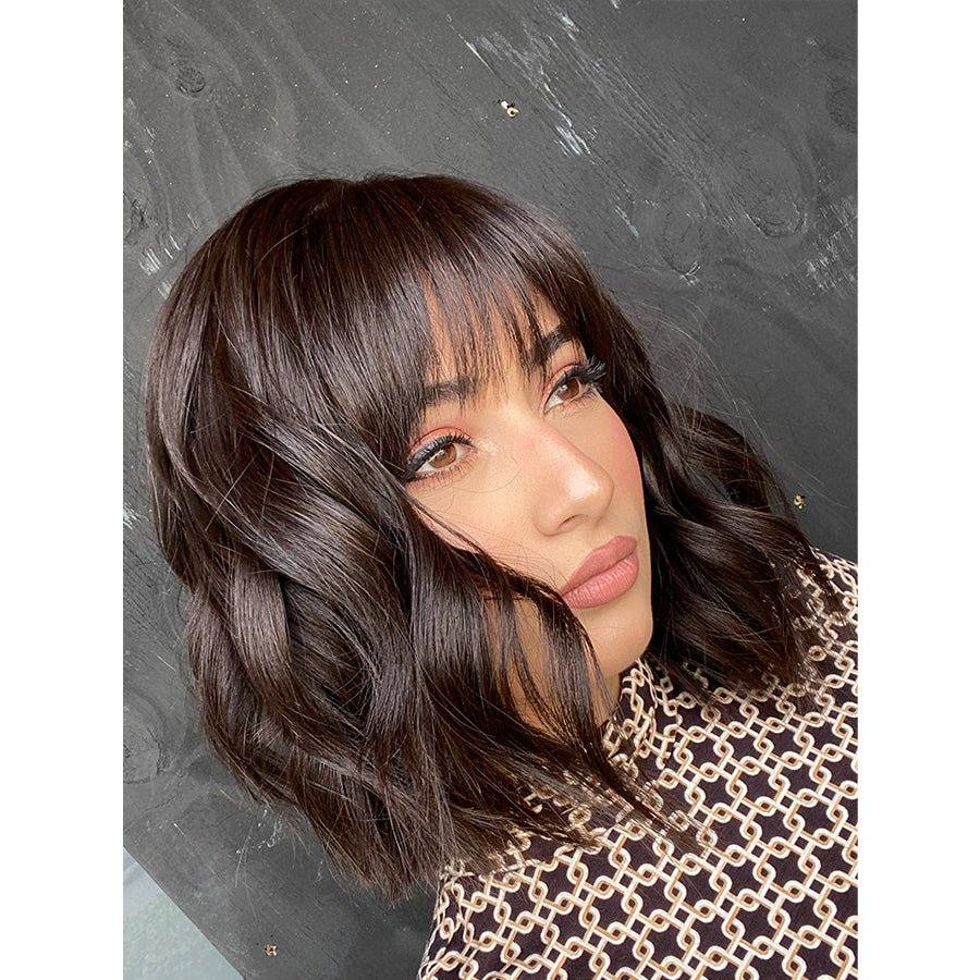 16" Luxe Silk Top Wig #4 Dark Brown Wavy w/ Wispy Bangs - Image 3