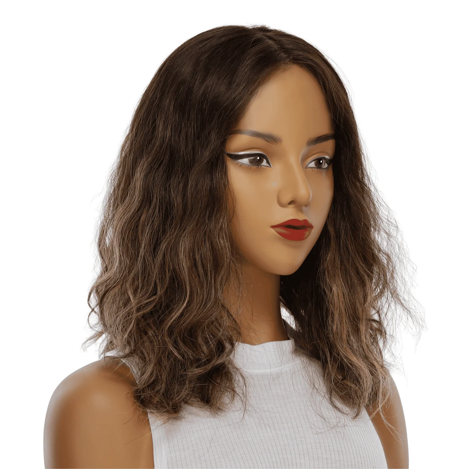 16" Ponytail Silk Part Wig Dark Brown Balayage Wavy - Image 2