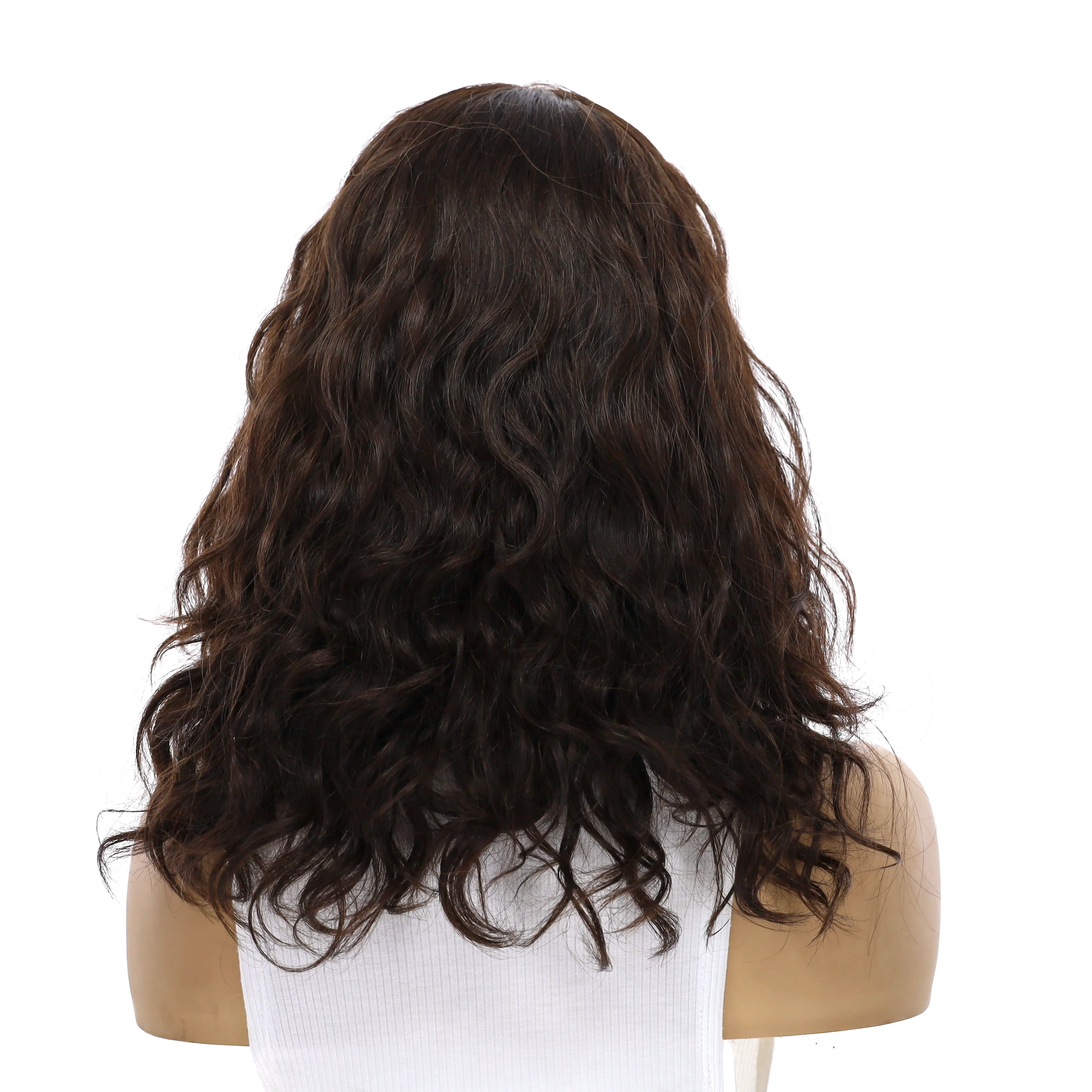 16" Ponytail Silk Part Wig Dark Brown Wavy - Image 3