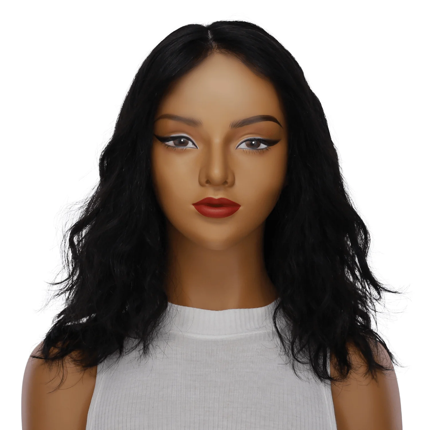 16" Ponytail Silk Part Wig Jet Black Wavy - Image 2