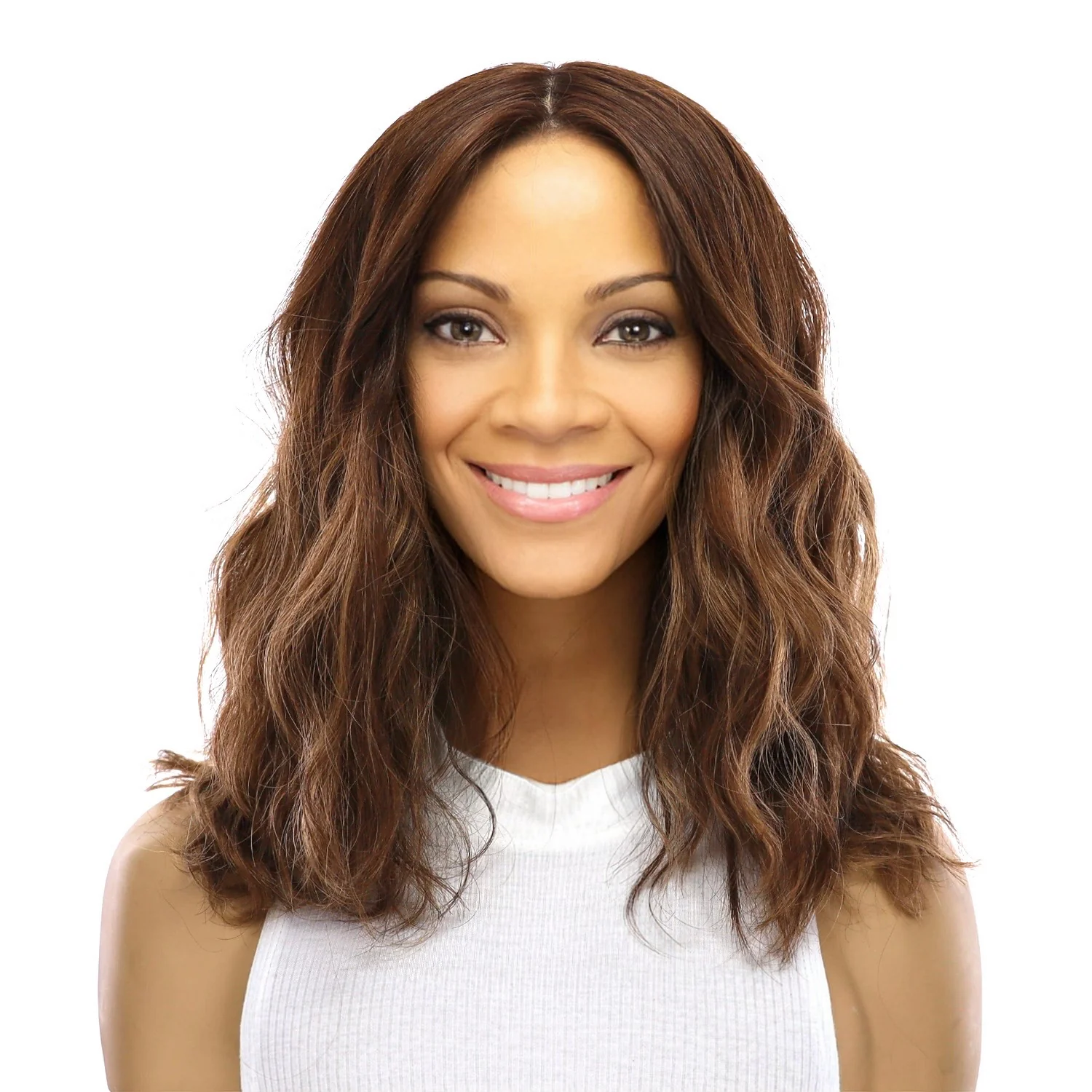 16" Ponytail Silk Part Wig Medium Brown Balayage Wavy - Image 2