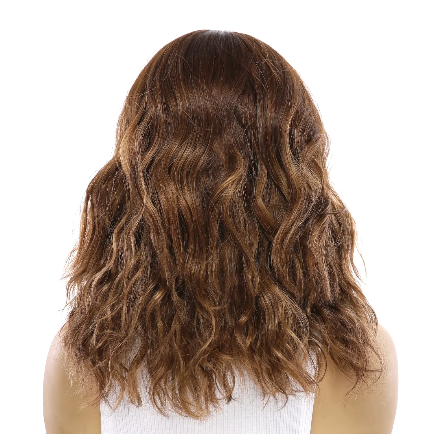 16" Ponytail Silk Part Wig Medium Brown Balayage Wavy - Image 3