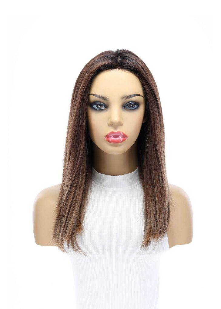 19" Nicole Silk Top Wig Medium Brown Balayage w/ Rooting - Image 2