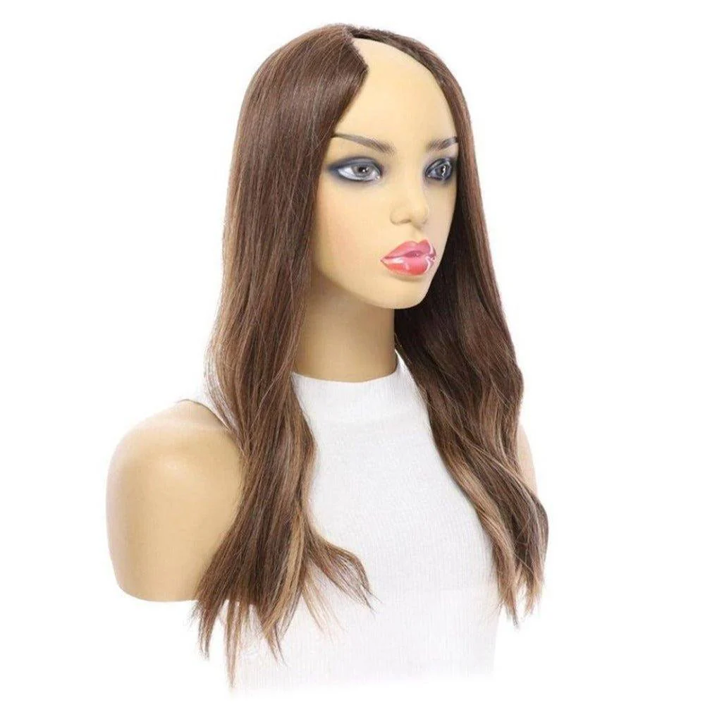 20" U-Shape Wig Medium Brown Balayage - Image 6