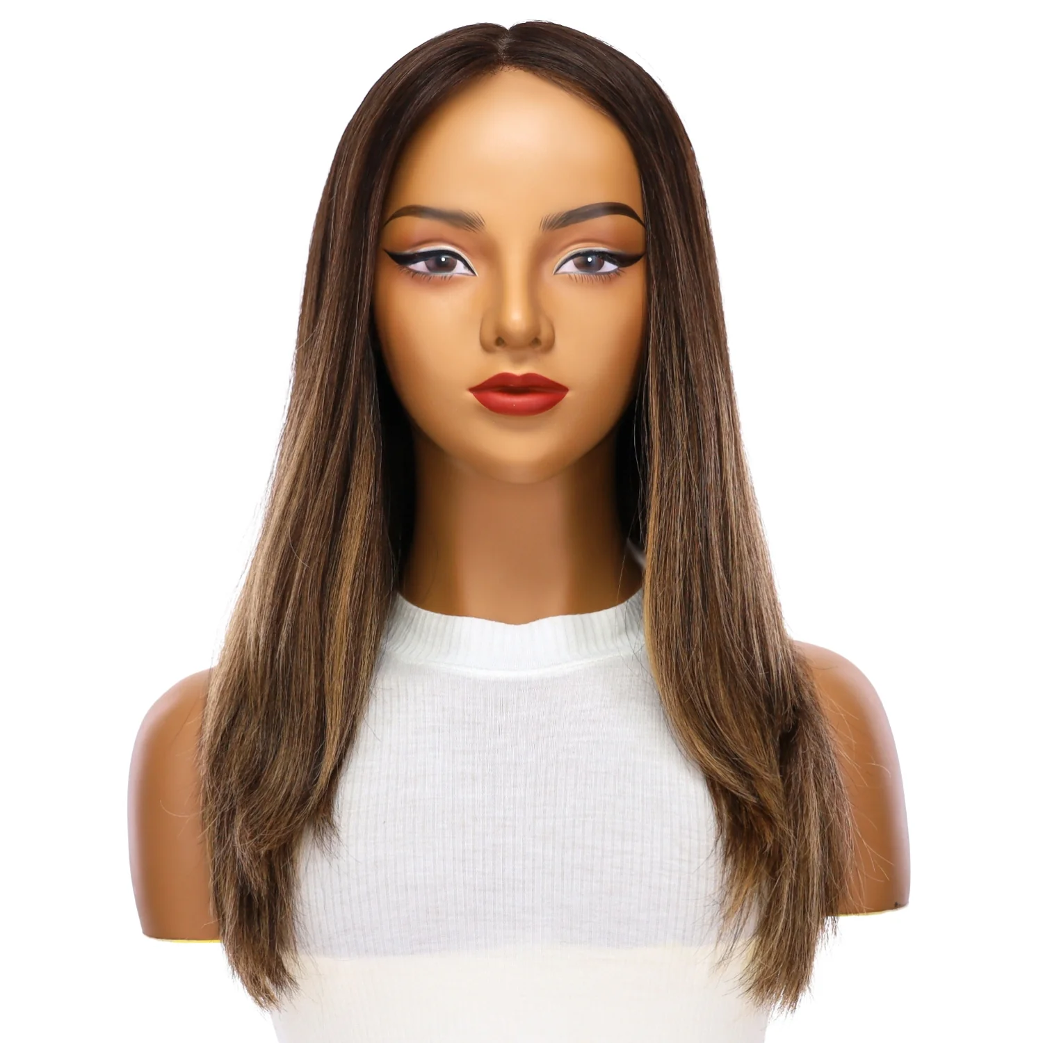 22" Ponytail Silk Part Wig Dark Brown Balayage - Image 2