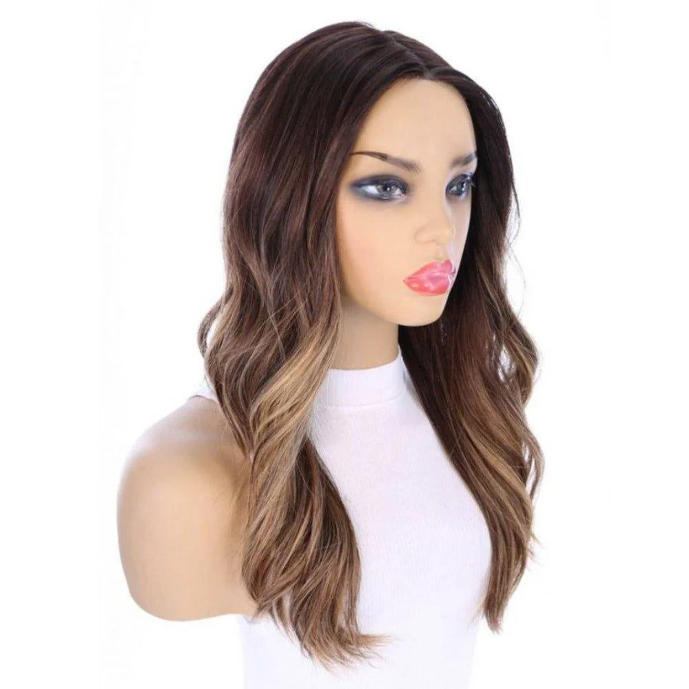 22" Ponytail Silk Part Wig Dark Brown Balayage w/ Mini Highlight - Image 2