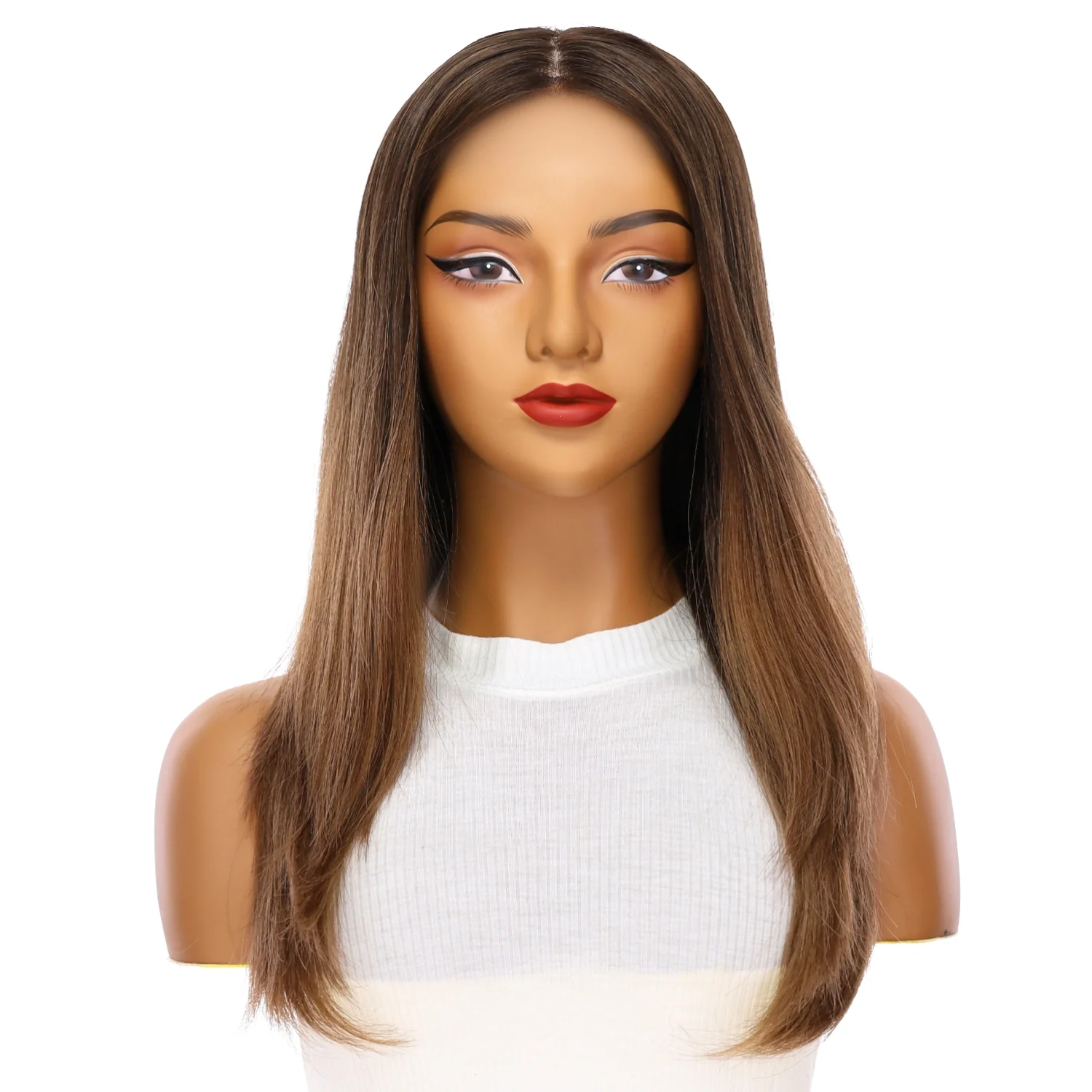 22" Ponytail Silk Part Wig Dark Brown Ombre - Image 2