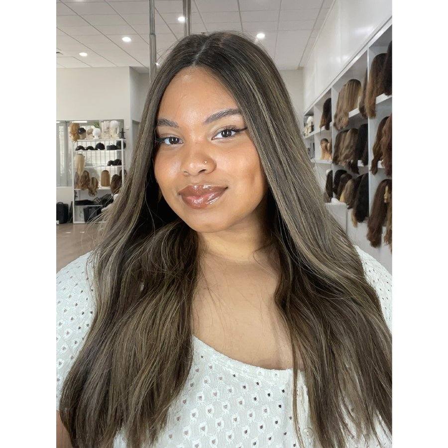 24" Divine Lace Top Wig Dark Brown w/ Highlights - Image 2