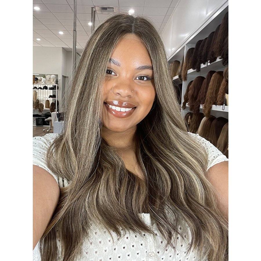 24" Divine Lace Top Wig Medium Brown w/ Highlights - Image 2