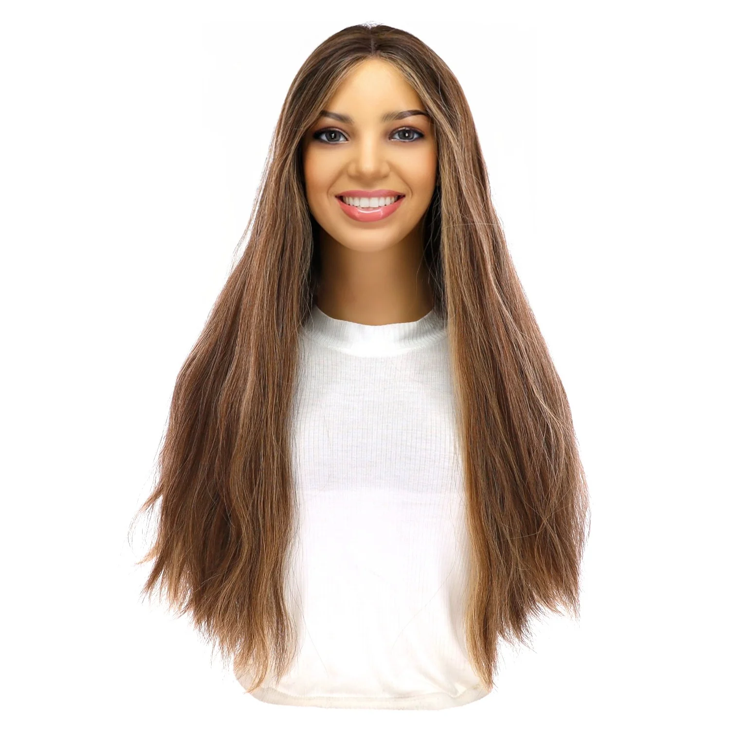 24" Divine Lace Top Wig Medium Brown w/ Highlights Slightly Wavy - Image 2