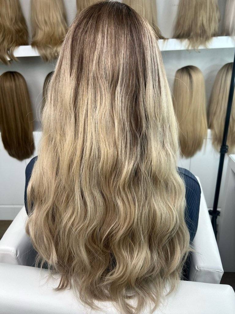 24" Divine Lace Top Wig Platinum Blonde With Reverse Balayage Color - Image 3