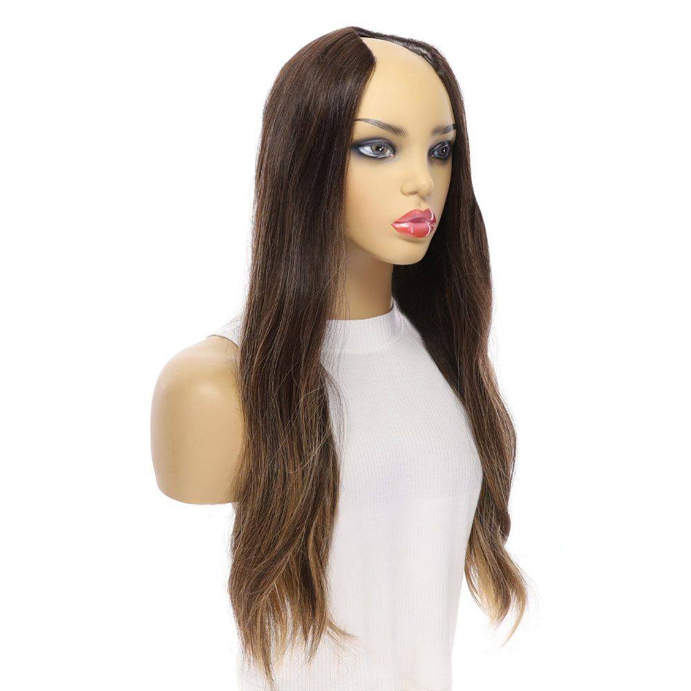 24" U-Shape Wig Dark Brown Balayage - Image 4