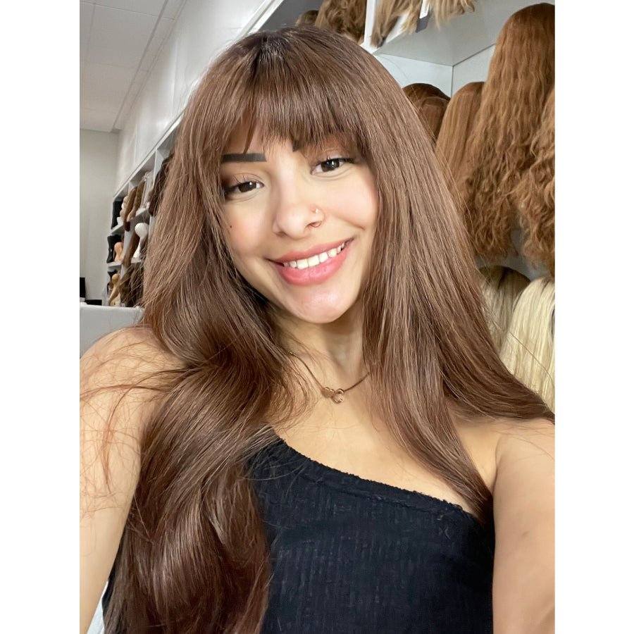 26" Amber Silk Top Wig Auburn w/ Partial Rooting & Wispy Bangs - Image 3
