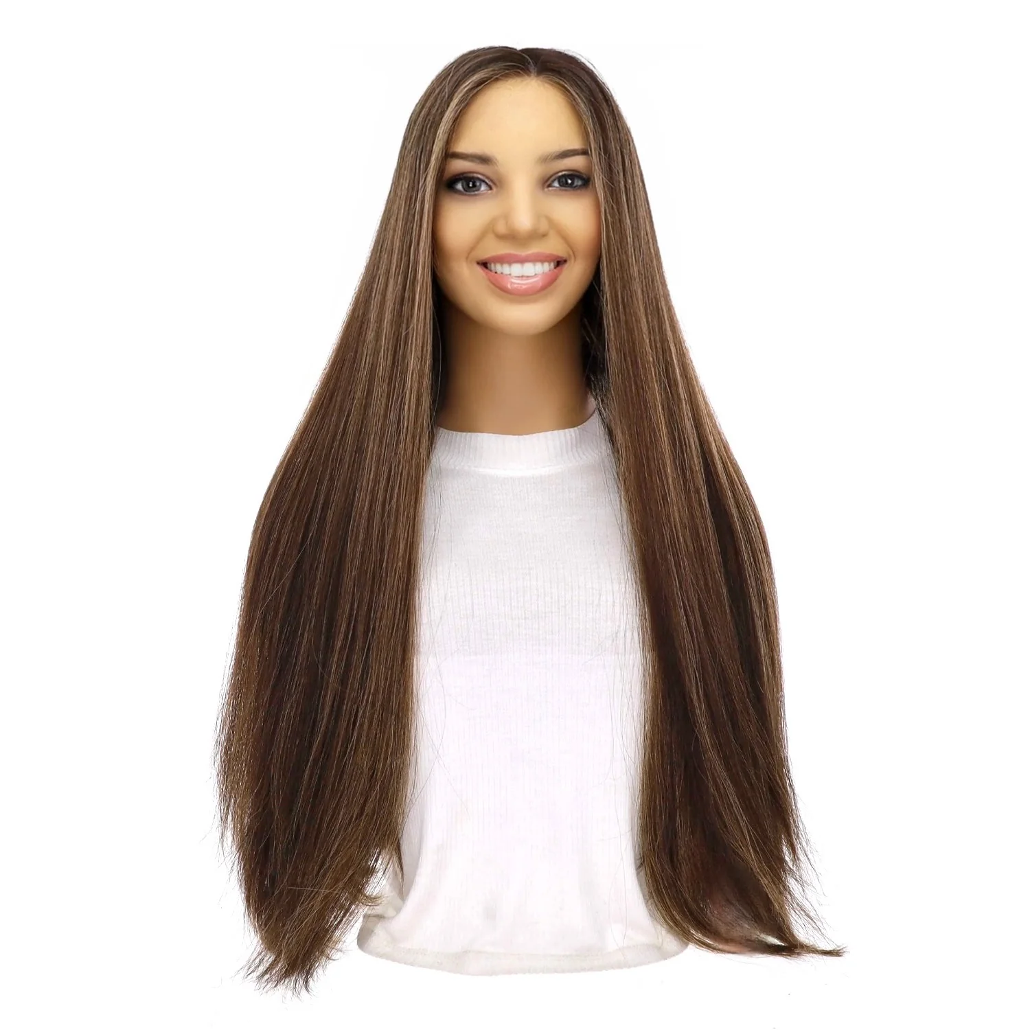 26" Divine Lace Top Wig Dark Brown w/ Highlights - Image 2