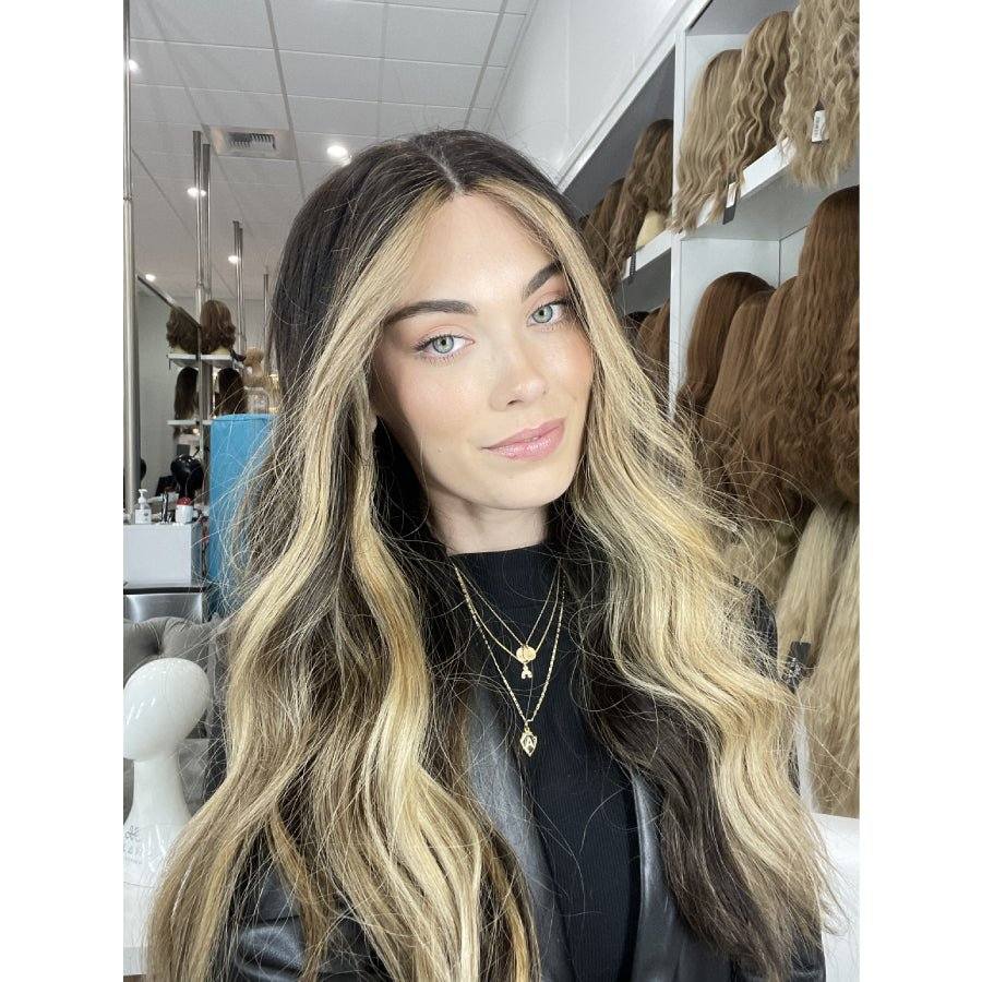 26" Divine Lace Top Wig Soft Black w/ Balayage & Money Pieces - Image 2