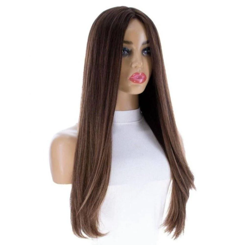 26" Amber Silk Top Wig Medium Brown Balayage - Image 6
