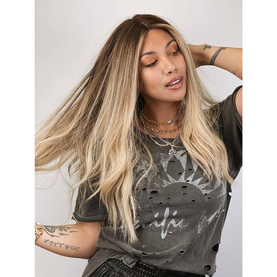 26" Ponytail Silk Top Wig Platinum Blonde w/ Reverse Balayage - Image 2