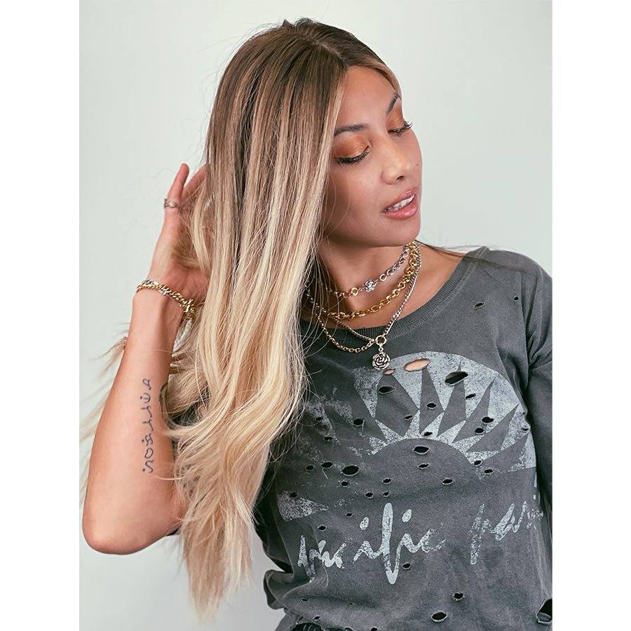 26" Ponytail Silk Top Wig Platinum Blonde w/ Reverse Balayage - Image 3