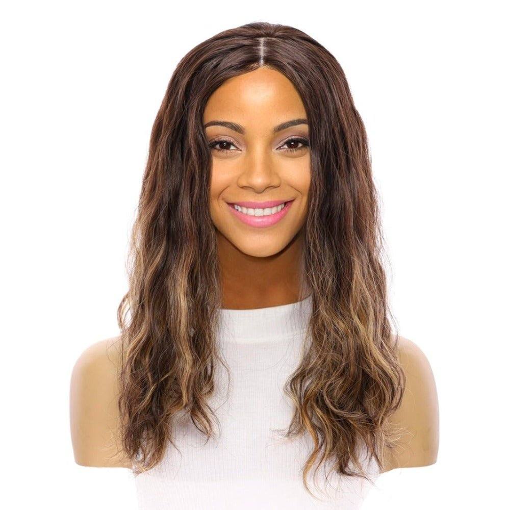 22" Ponytail Silk Part Wig Dark Brown Balayage Wavy - Image 2