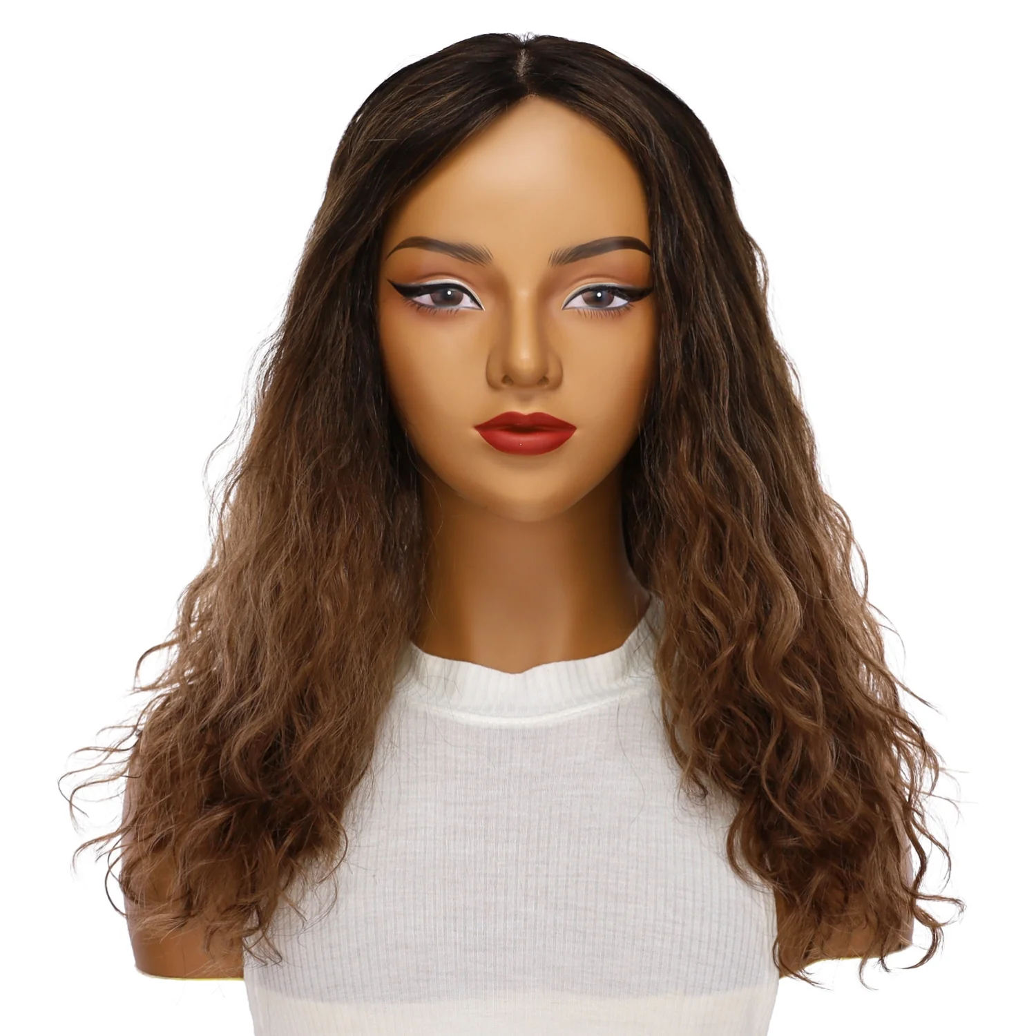 22" Ponytail Silk Part Wig Dark Brown Ombre Wavy - Image 2