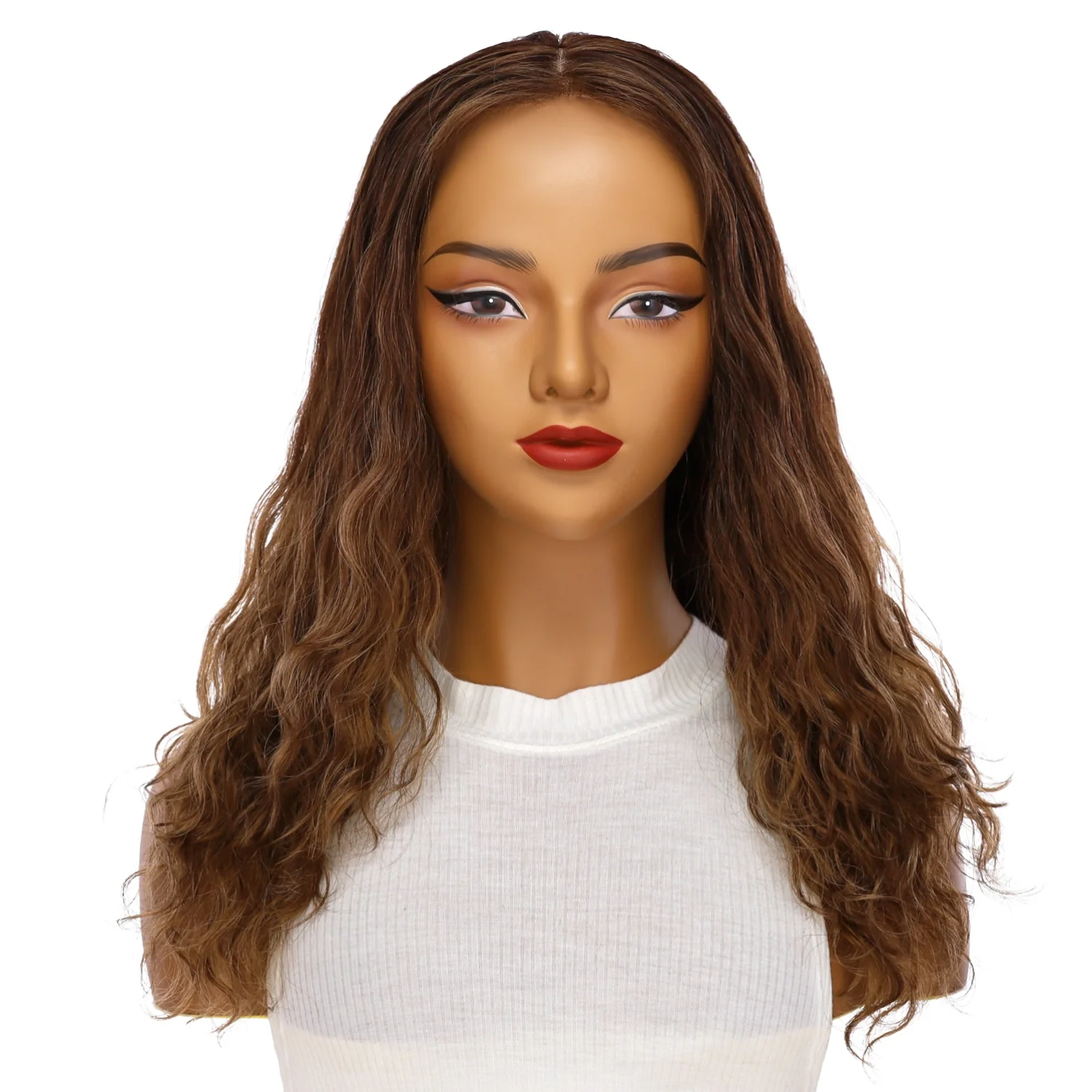 22" Ponytail Silk Part Wig Medium Brown Balayage Wavy - Image 2